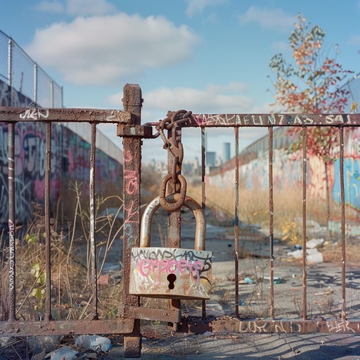 A rusted gate held shut with a chain and a graffiti-covered padlock, in front of an empty lot